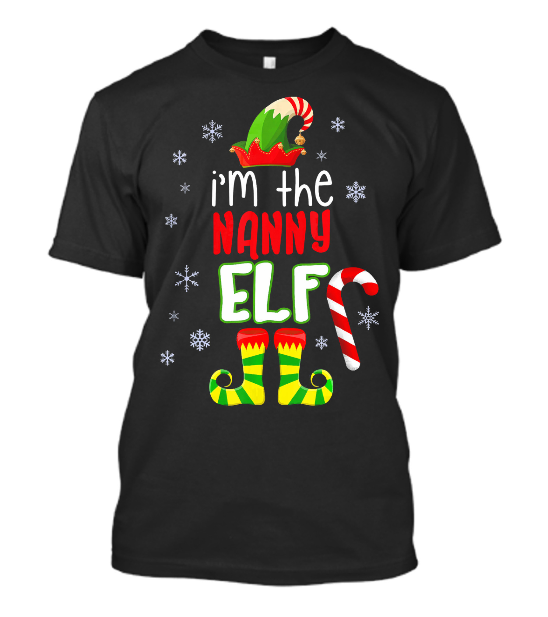 I'm The Nanny Elf Christmas Snowflakes Candy Cane Hat Boots T-Shirt
