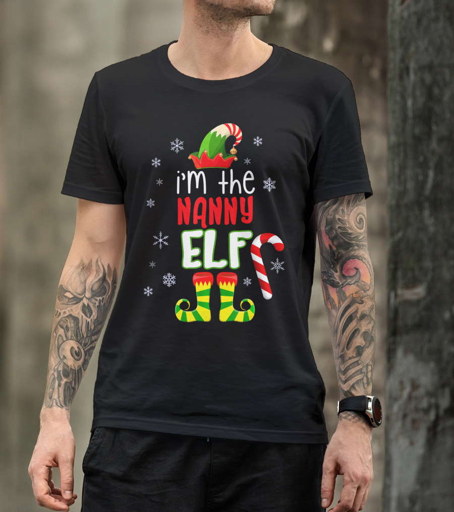I'm The Nanny Elf Christmas Snowflakes Candy Cane Hat Boots T-Shirt