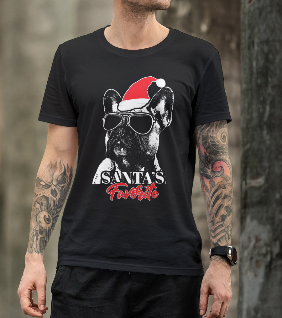 Santa's Favorite French Bulldog Wearing Sunglasses And Hat T-Shirt