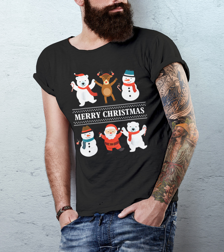 Merry Christmas Bears Snowmen Reindeer Santa Claus T-Shirt