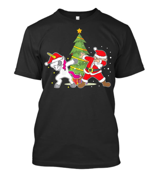 Dabbing Unicorn Xmas Christmas Santa Dance By Tree T-Shirt
