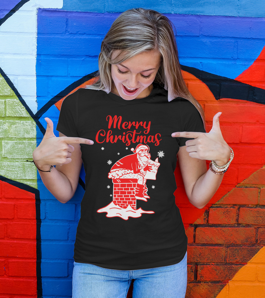 Merry Christmas Santa Pooping Naughty List Snowflakes Chimney T-Shirt