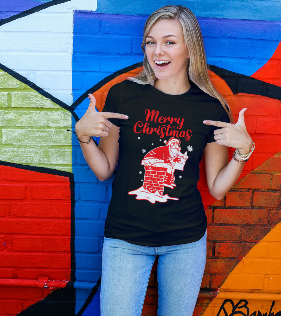 Merry Christmas Santa Pooping Naughty List Snowflakes Chimney T-Shirt