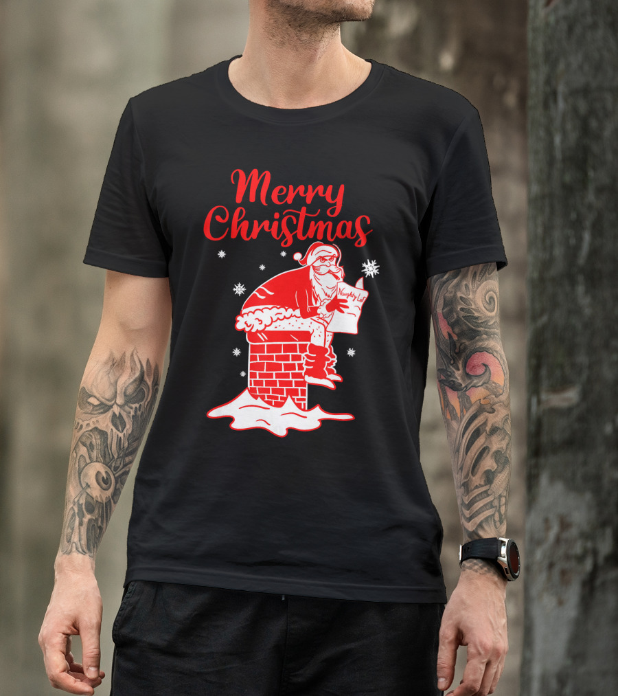 Merry Christmas Santa Pooping Naughty List Snowflakes Chimney T-Shirt