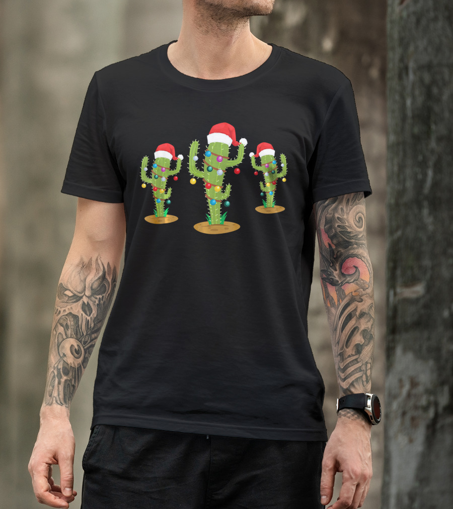 Festive Christmas Cacti With Santa Hats And Lights T-Shirt