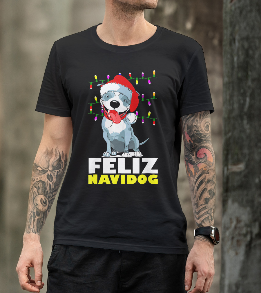 Feliz Navidog Pitbull In Santa Hat With Christmas Lights T-Shirt