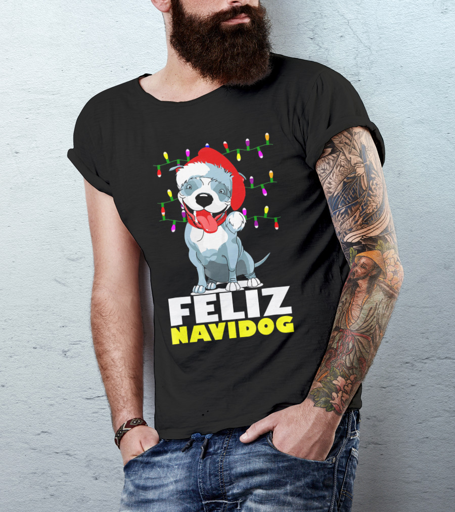 Feliz Navidog Pitbull In Santa Hat With Christmas Lights T-Shirt