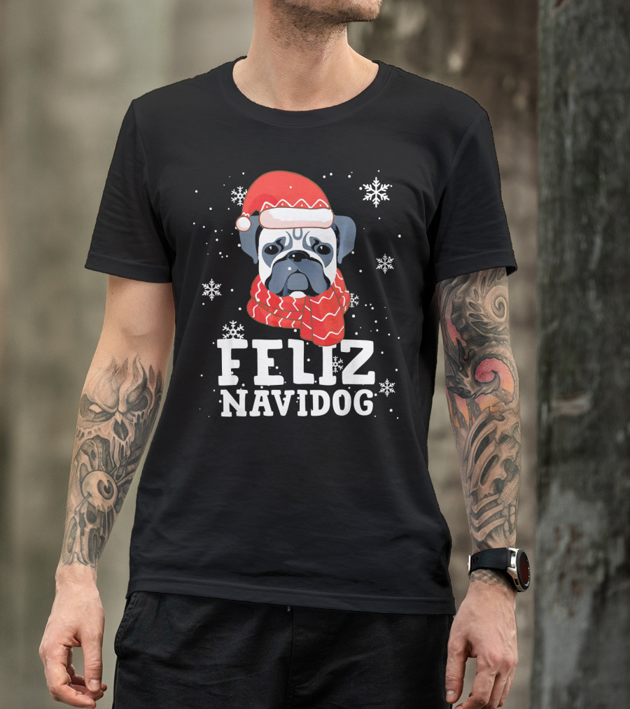 Feliz Navidog Pug Dog With Santa Hat And Scarf Snowflakes T-Shirt