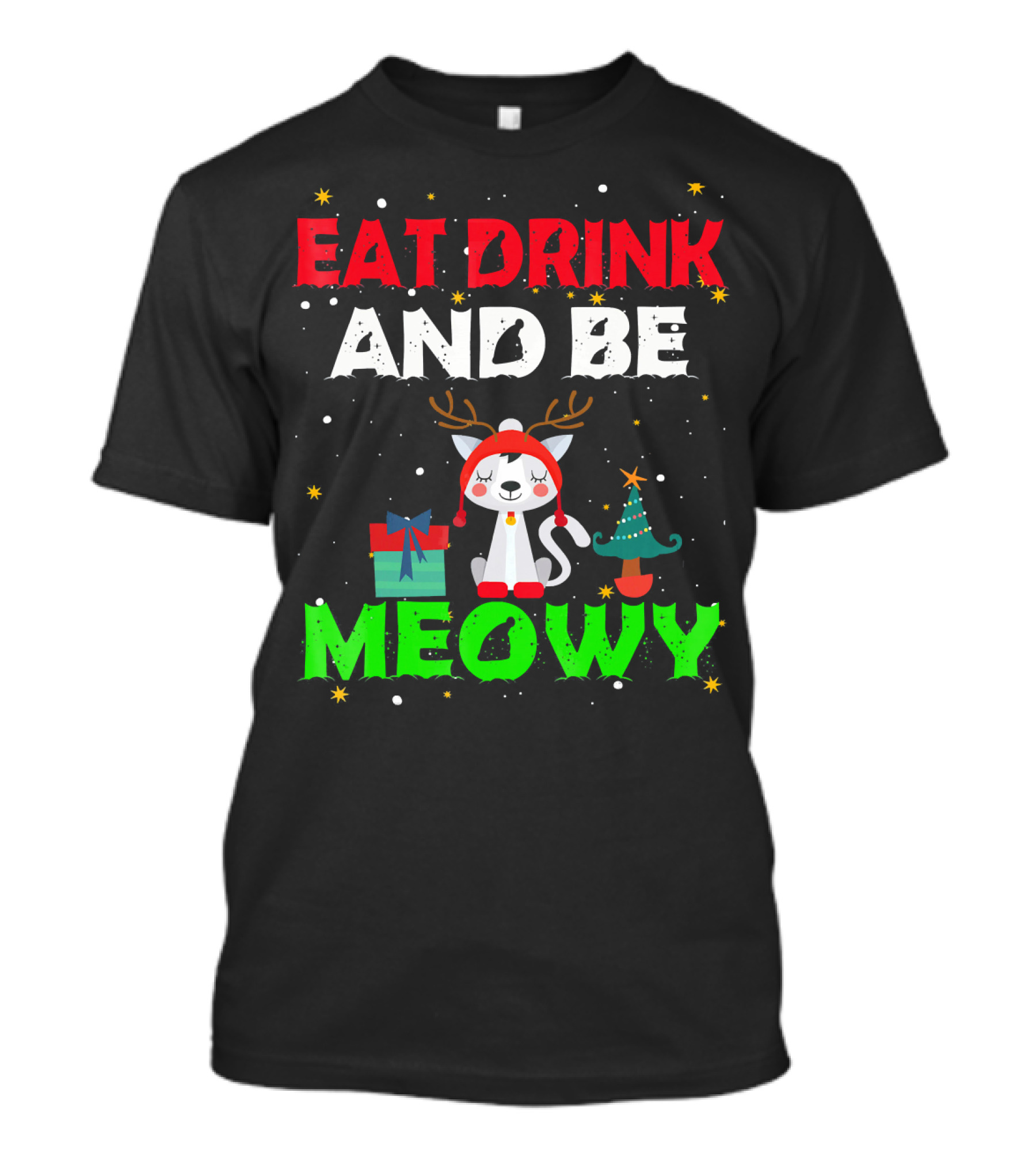Eat Drink And Be Meowy Cat With Reindeer Antlers Holiday Motif T-Shirt