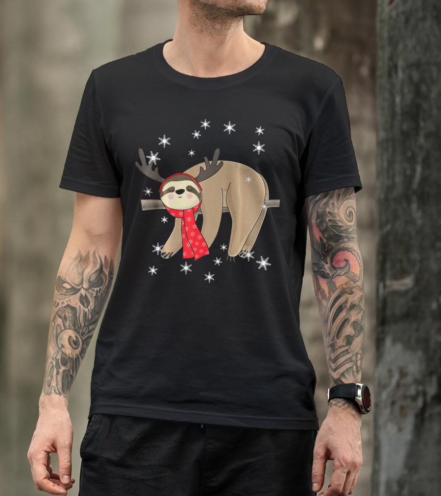 Funny Christmas Sloth Cute Sloth With Antlers And Red Scarf Surrounded By Snowflakes T-Shirt