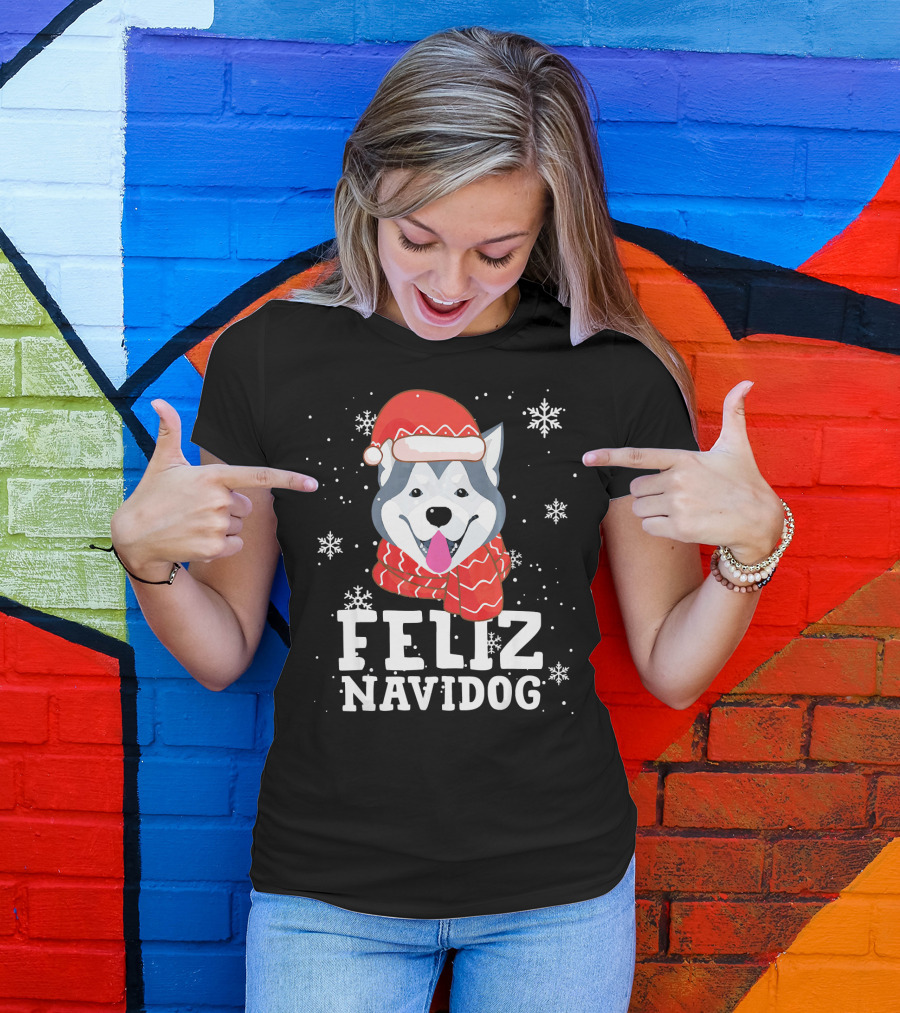 Feliz Navidog Husky Siberian Dog Festive Holiday Santa Hat And Snowflakes T-Shirt