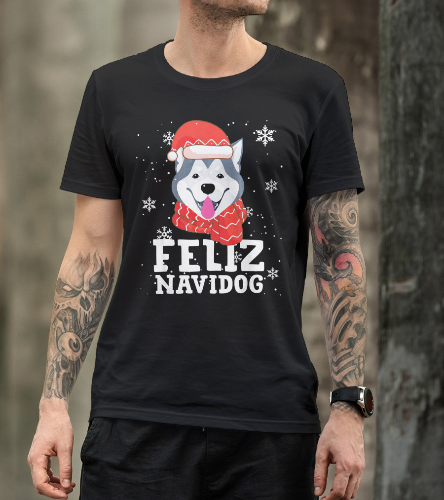 Feliz Navidog Husky Siberian Dog Festive Holiday Santa Hat And Snowflakes T-Shirt