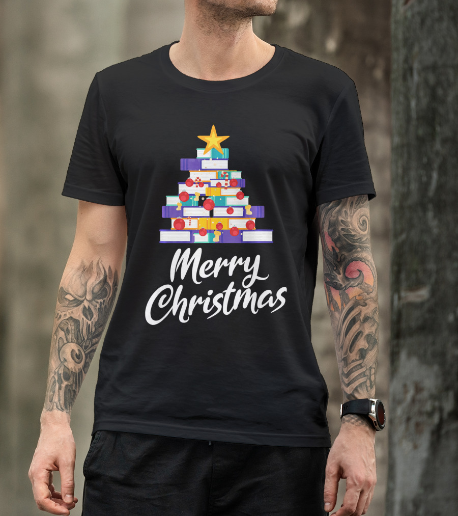 Merry Christmas Tree Stack Of Books Holiday Decor T-Shirt