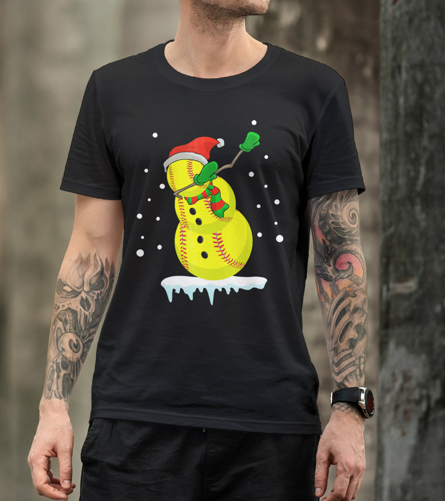 Dabbing Snowman Softball Christmas Fun T-Shirt