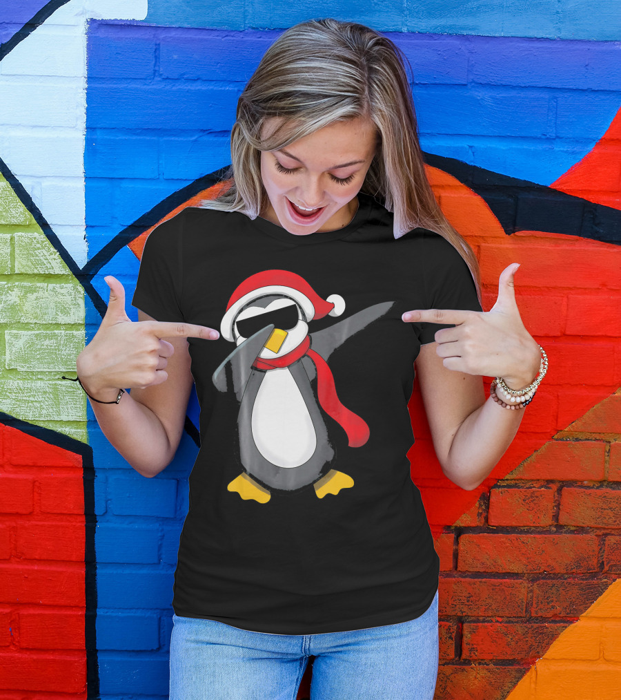 Dabbing Penguin Christmas Mornin Santa Hat Scarf Holiday Fun T-Shirt