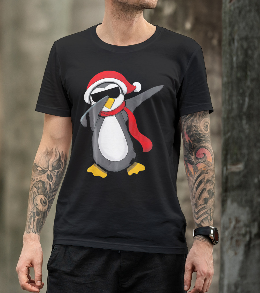 Dabbing Penguin Christmas Mornin Santa Hat Scarf Holiday Fun T-Shirt