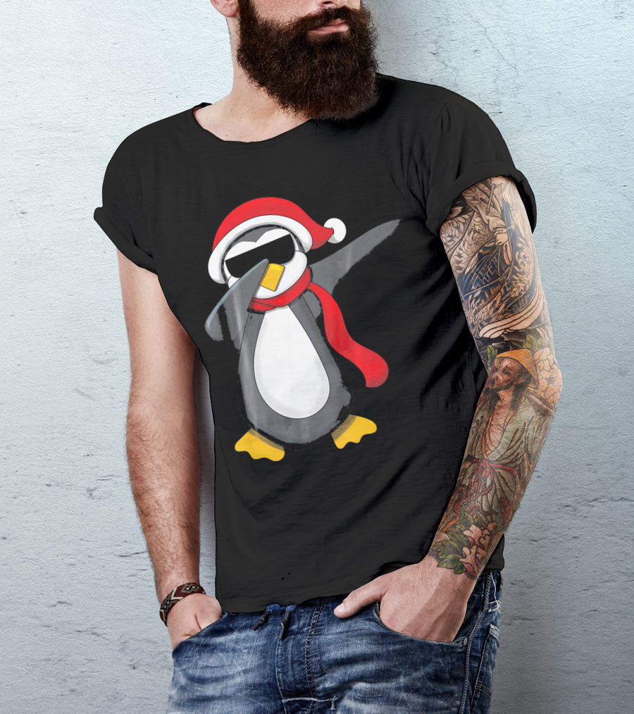 Dabbing Penguin Christmas Mornin Santa Hat Scarf Holiday Fun T-Shirt
