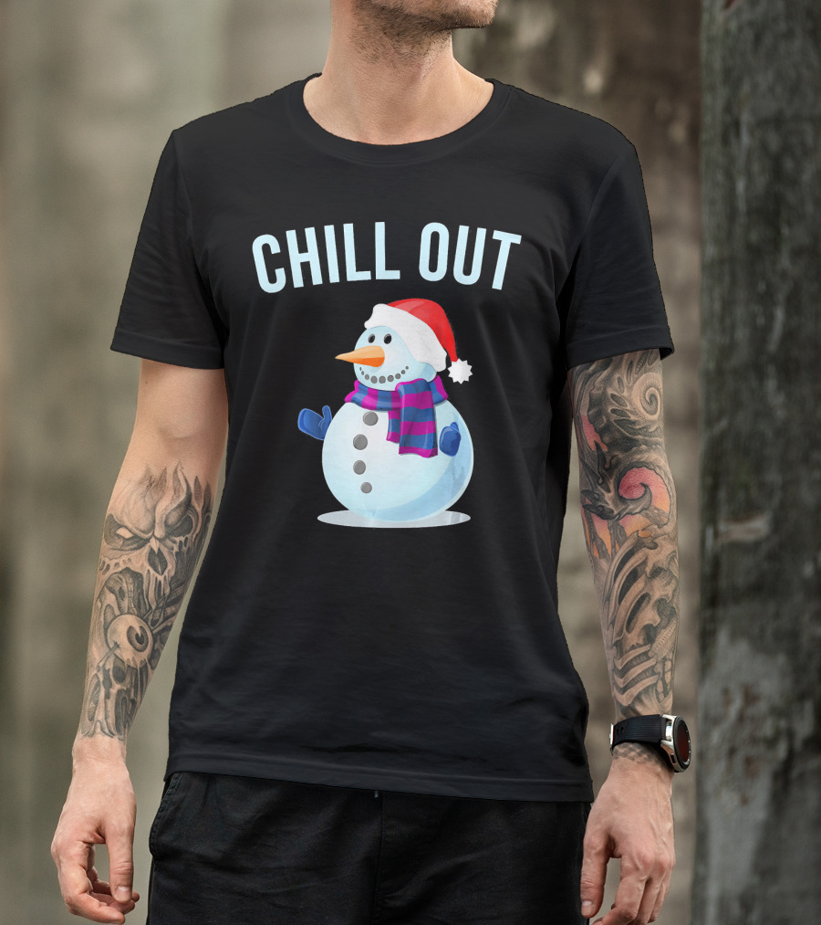 Chill Out Snowman Santa Hat And Scarf Winter Vibes T-Shirt