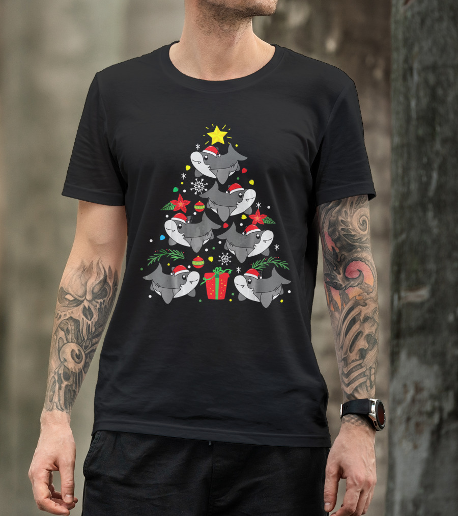 Shark Christmas Tree With Santa Hats And Ornaments T-Shirt