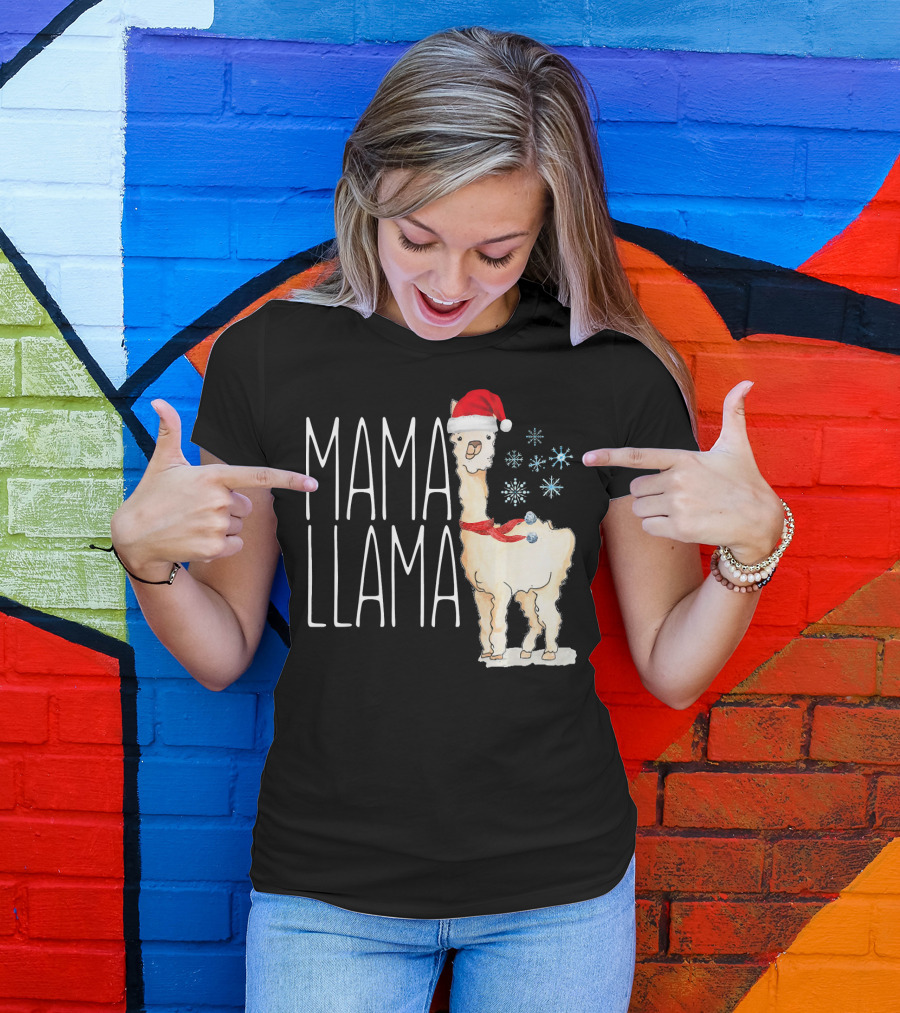 Mama Llama Christmas Snowflakes Santa Hat T-Shirt