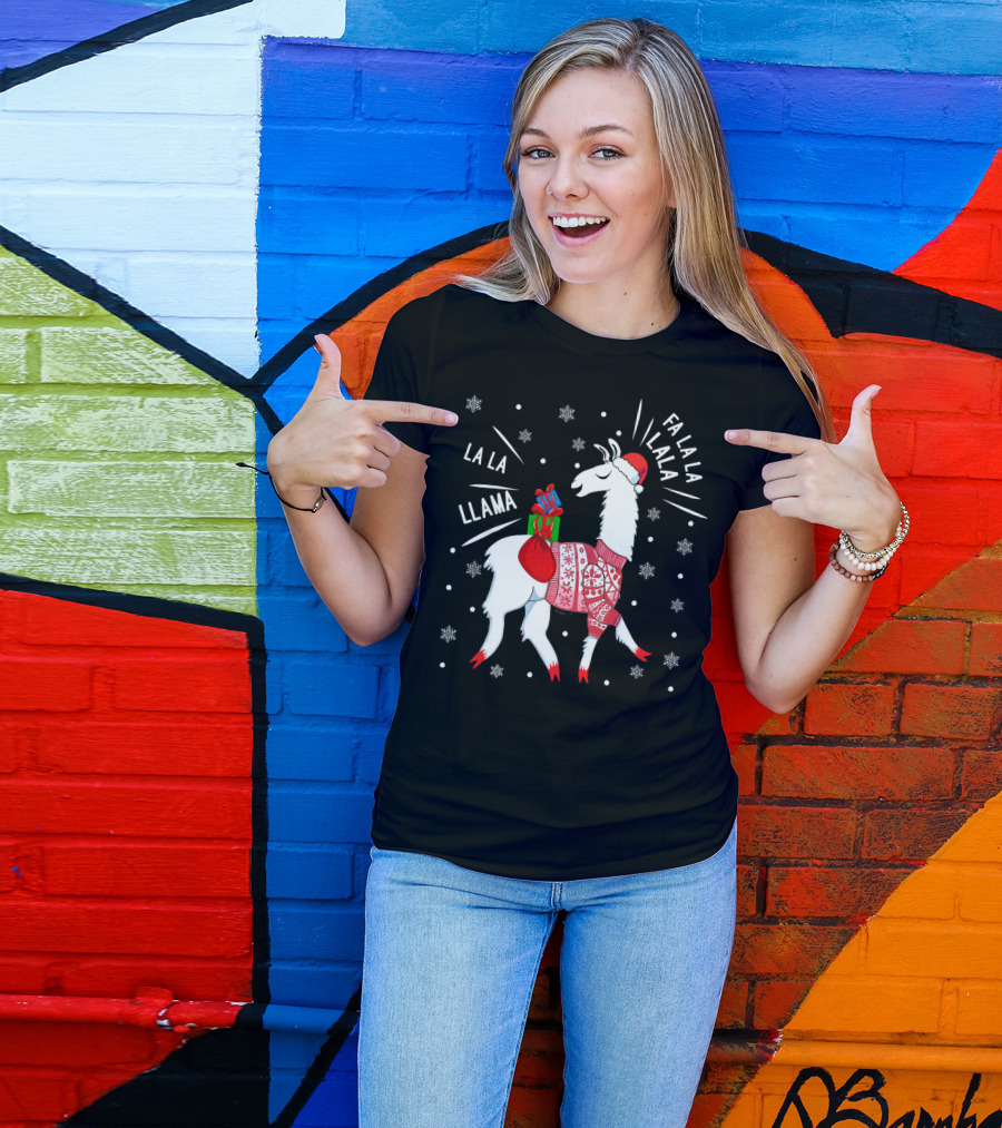 Fa La La Fa La La La La Llama Christmas Santa Hat Sweater Snowflakes T-Shirt