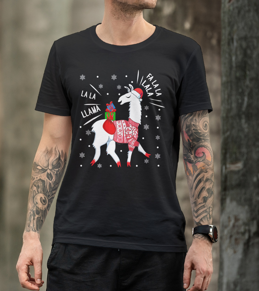 Fa La La Fa La La La La Llama Christmas Santa Hat Sweater Snowflakes T-Shirt