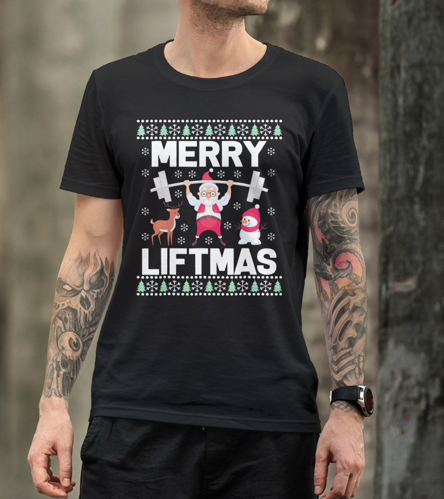 Merry Liftmas Santa Lifting Weights With Reindeer Snowman Christmas T-Shirt