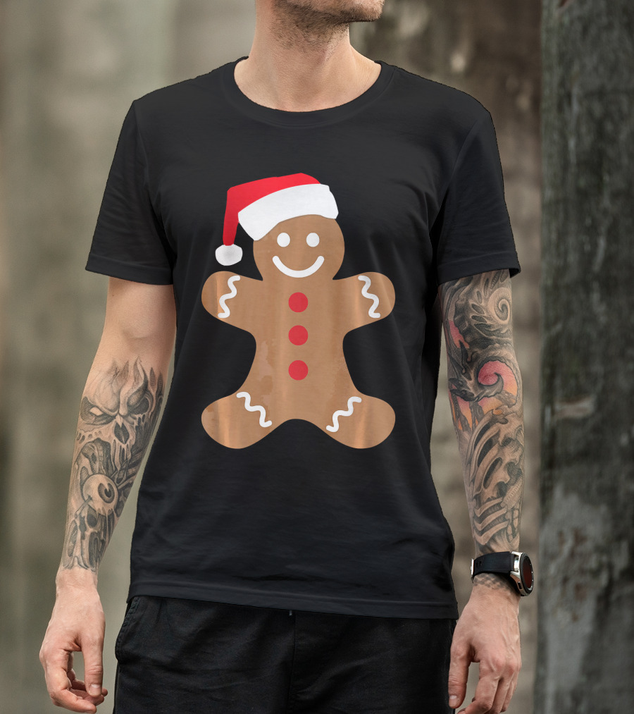 Gingerbread Man With Santa Hat Christmas T-Shirt