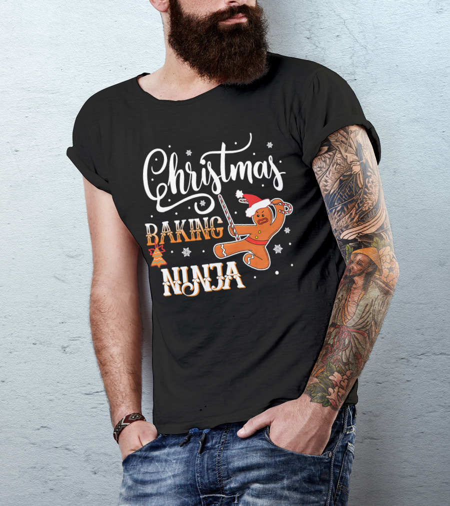 Christmas Baking Ninja Gingerbread With Santa Hat And Candy Cane T-Shirt