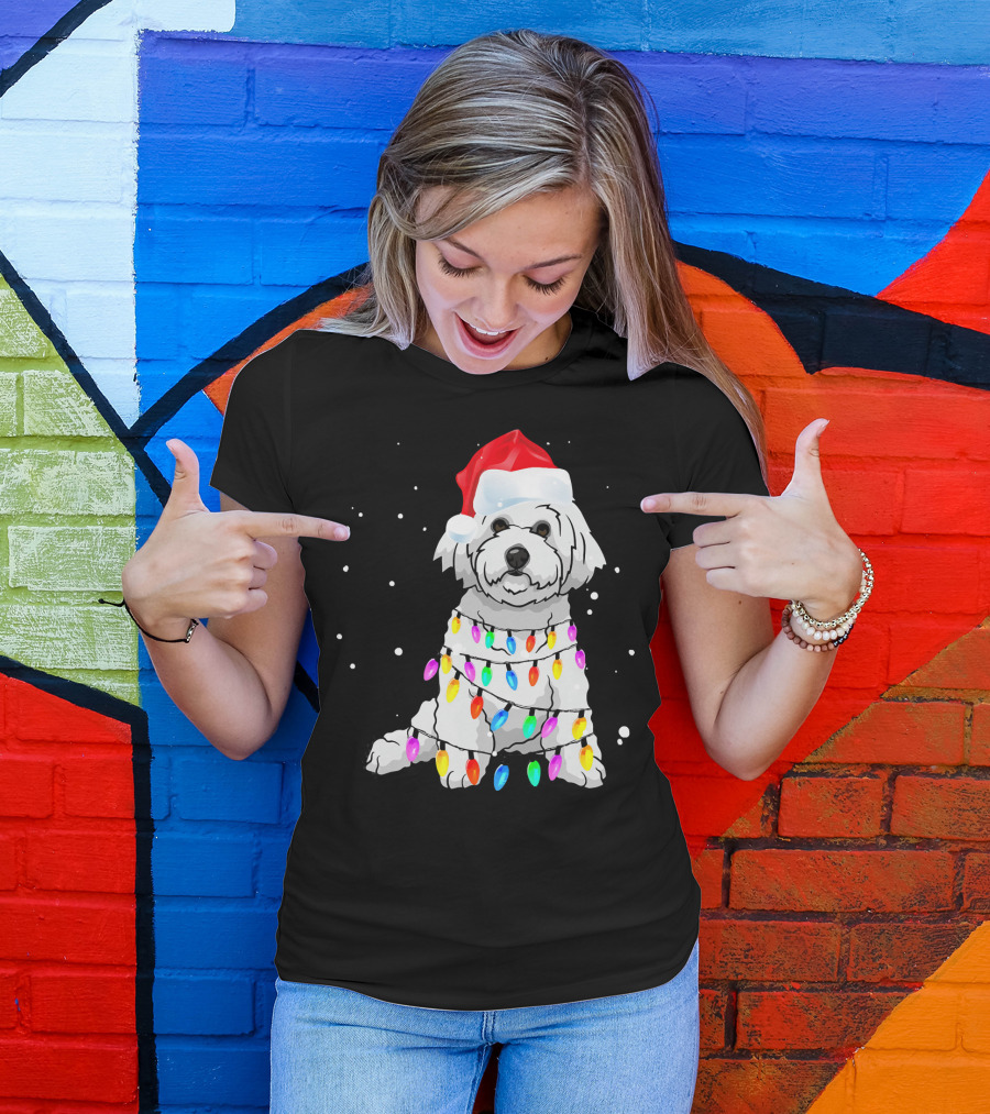 Bichon Frise With Christmas Lights And Santa Hat T-Shirt