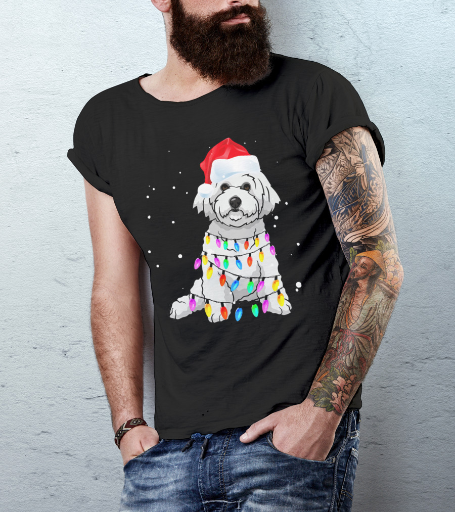Bichon Frise With Christmas Lights And Santa Hat T-Shirt
