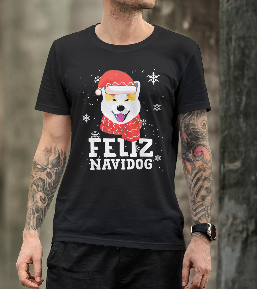 Feliz Navidog Shiba Inu Santa Hat Snowflakes T-Shirt