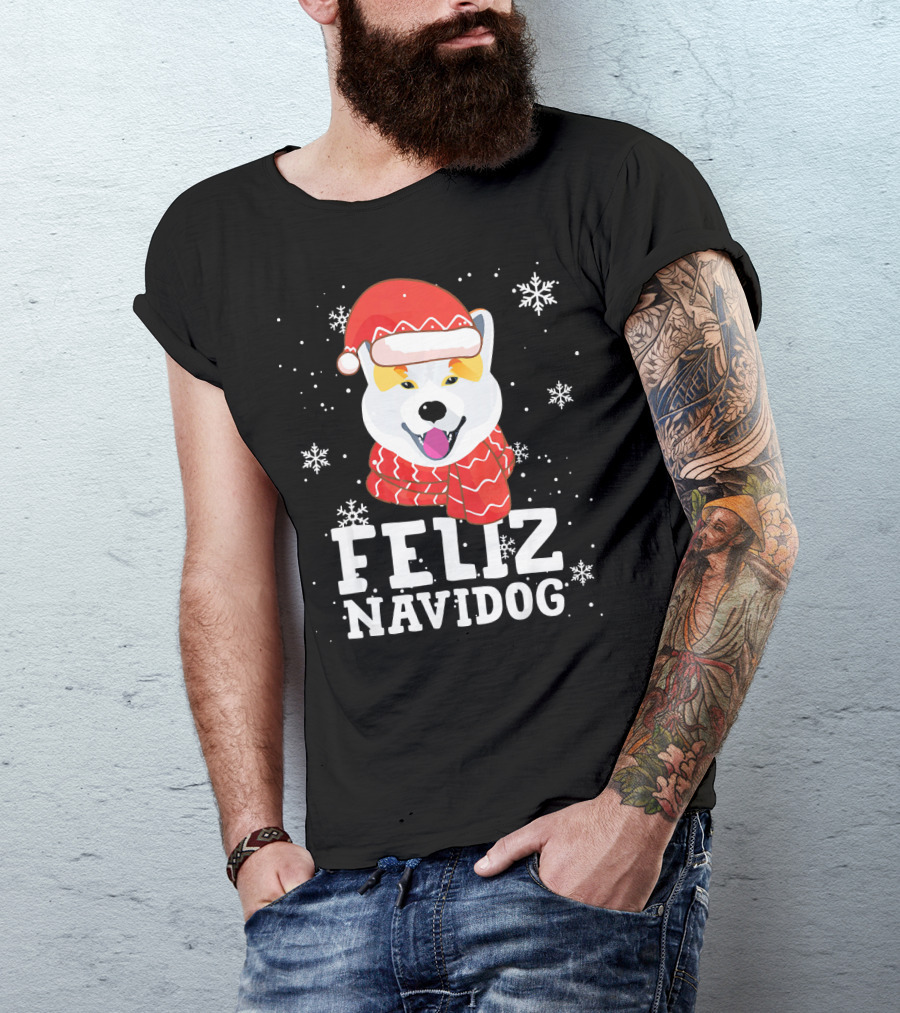 Feliz Navidog Shiba Inu Santa Hat Snowflakes T-Shirt