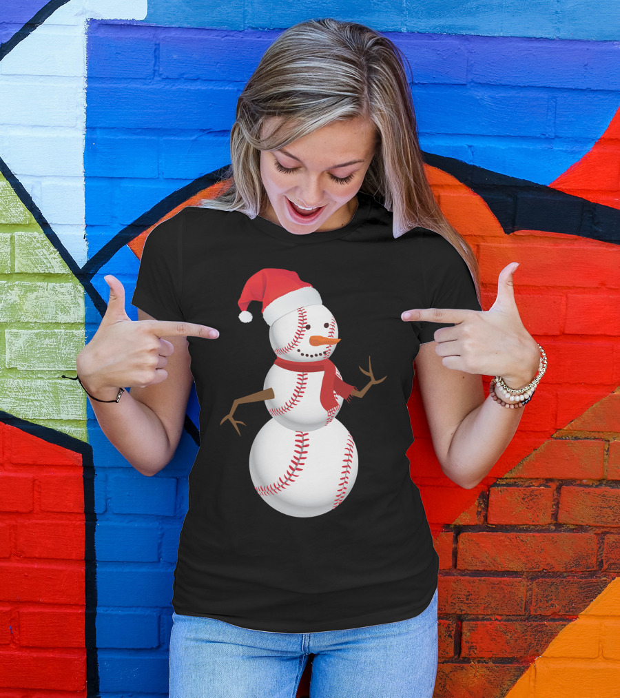 Snowman Made Of Baseballs With Santa Hat And Scarf T-Shirt