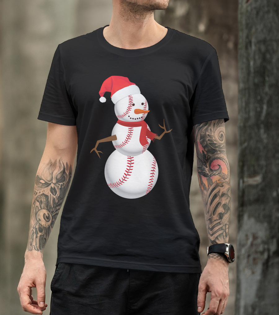 Snowman Made Of Baseballs With Santa Hat And Scarf T-Shirt