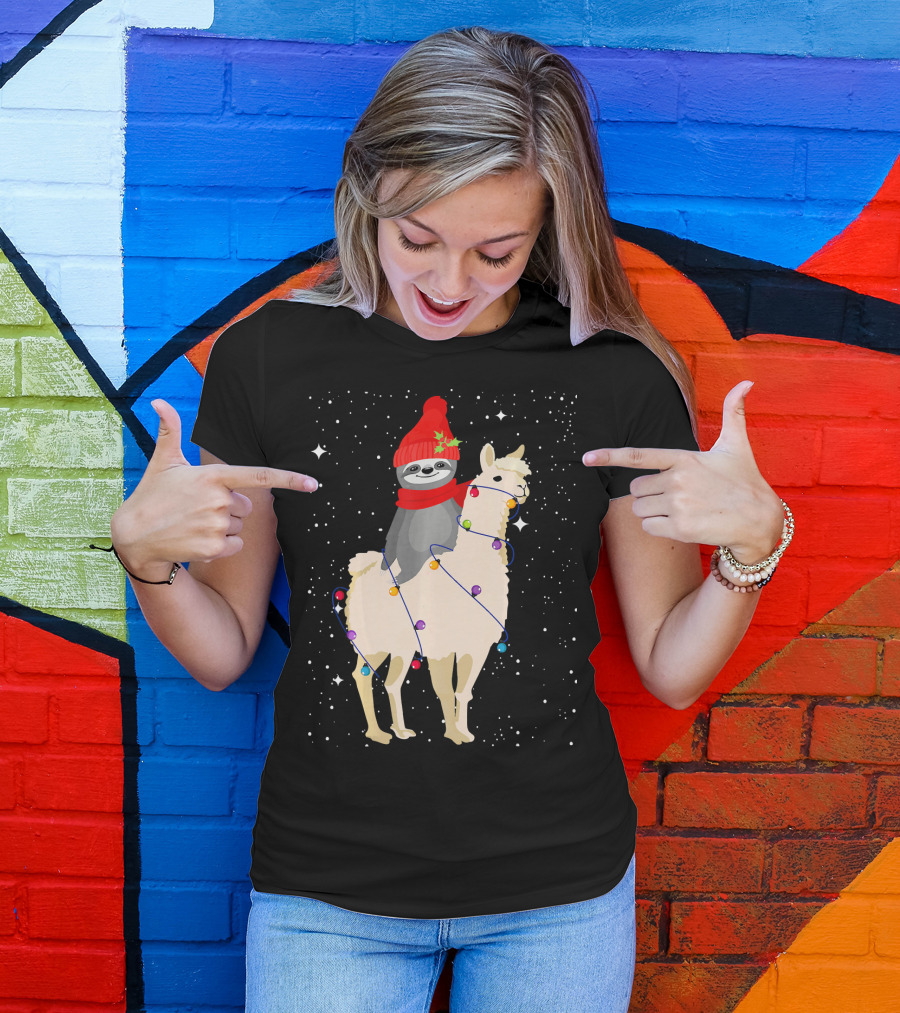 Sloth In Red Beanie And Scarf Riding Llama With Christmas Lights T-Shirt