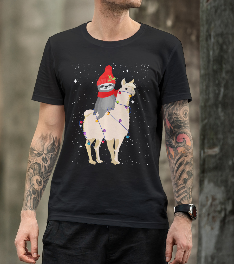 Sloth In Red Beanie And Scarf Riding Llama With Christmas Lights T-Shirt