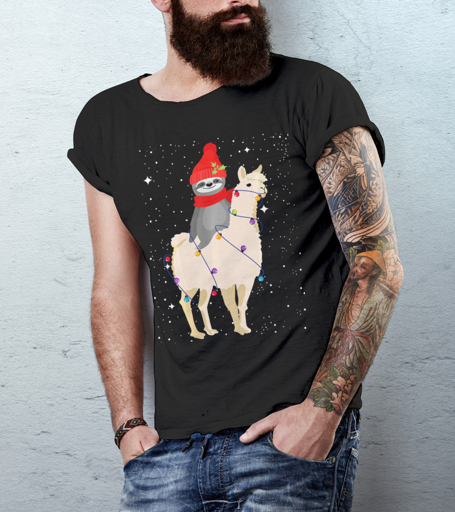 Sloth In Red Beanie And Scarf Riding Llama With Christmas Lights T-Shirt