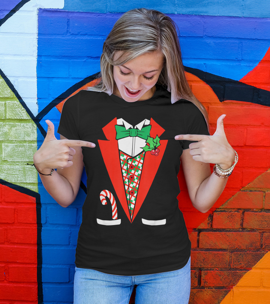 Candy Cane Green Red Tuxedo With Holly Bow Tie T-Shirt