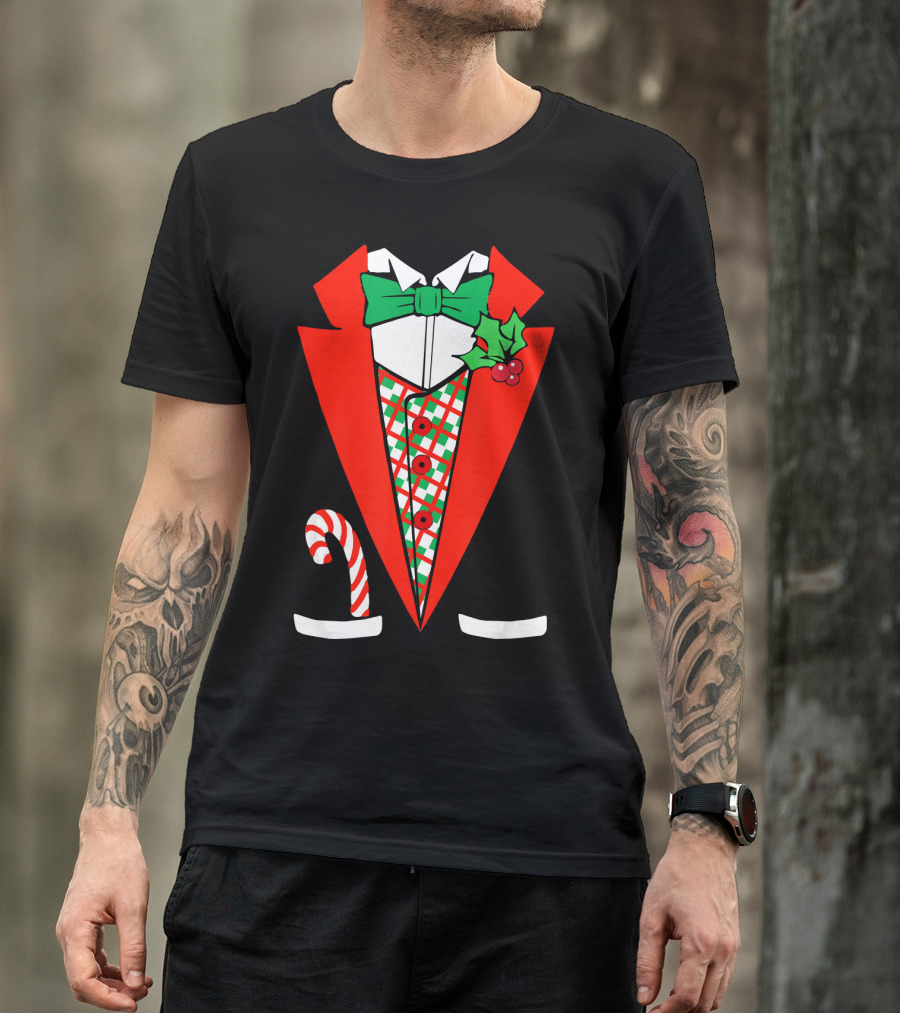 Candy Cane Green Red Tuxedo With Holly Bow Tie T-Shirt