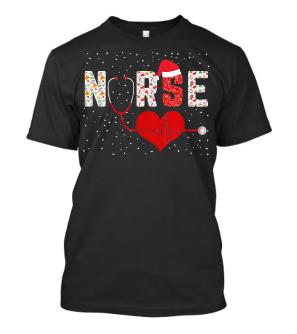 Nurse Christmas Heart Stethoscope Snowflakes Santa Hat T-Shirt