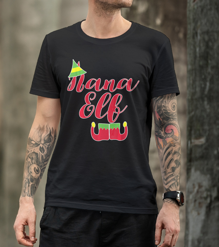 Nana Elf Funny Christmas With Elf Hat And Shoes T-Shirt