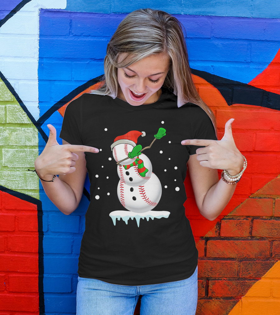 Dabbing Snowman Baseball Christmas Fun T-Shirt