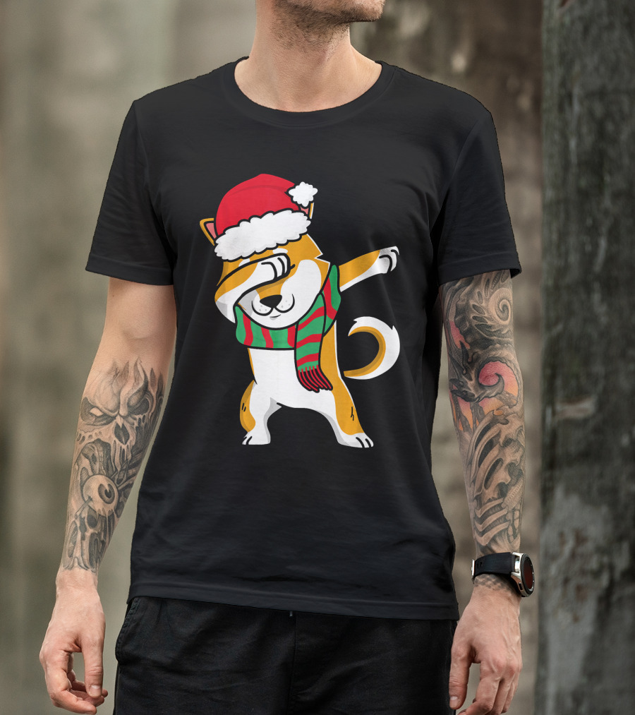 Dabbing Shiba Dog Christmas Santa Hat Scarf T-Shirt