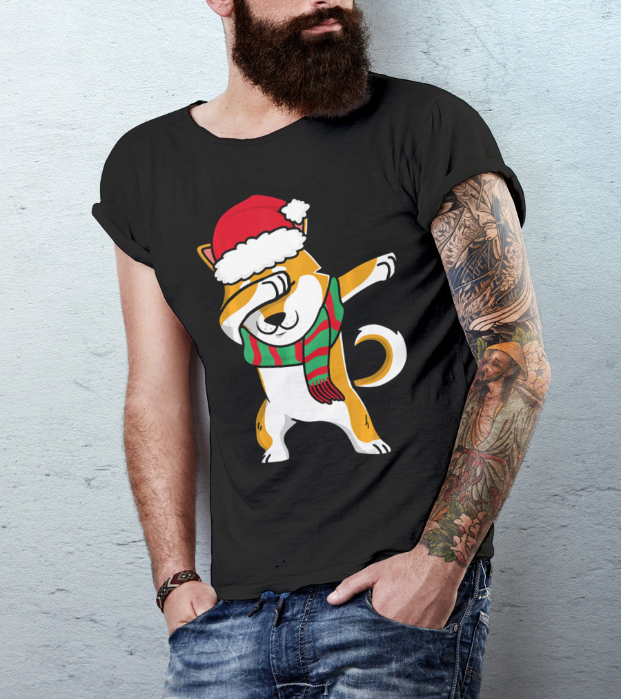Dabbing Shiba Dog Christmas Santa Hat Scarf T-Shirt