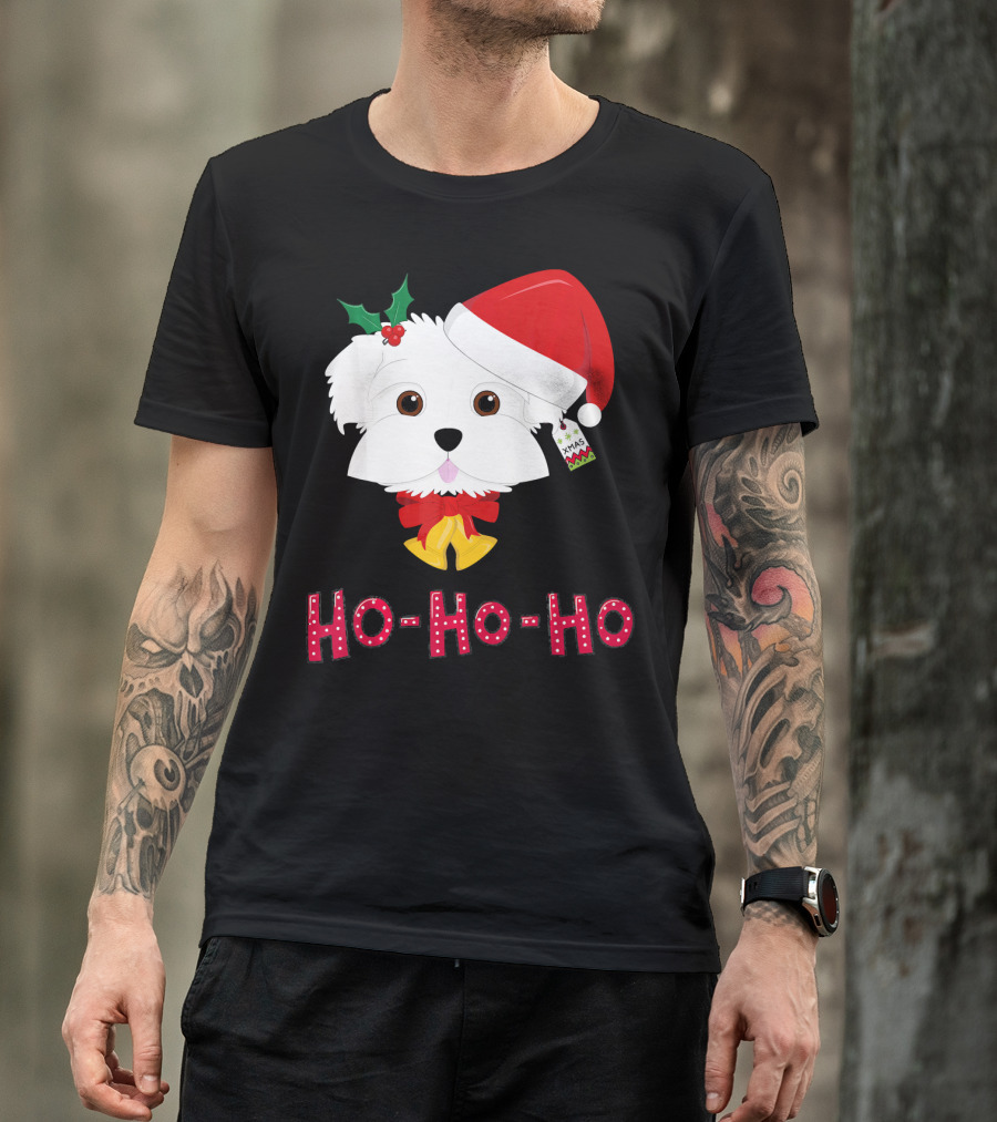 Maltese Dog In Santa Hat With Holly And Ho-Ho-Ho Text T-Shirt