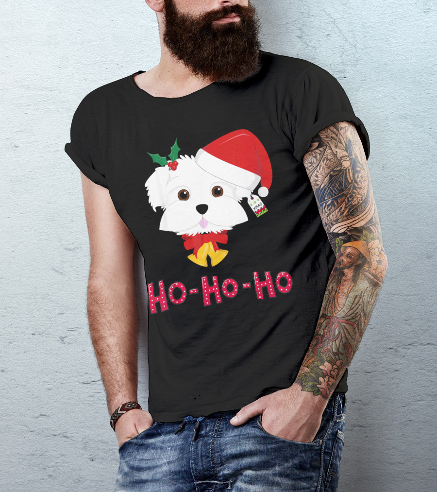 Maltese Dog In Santa Hat With Holly And Ho-Ho-Ho Text T-Shirt