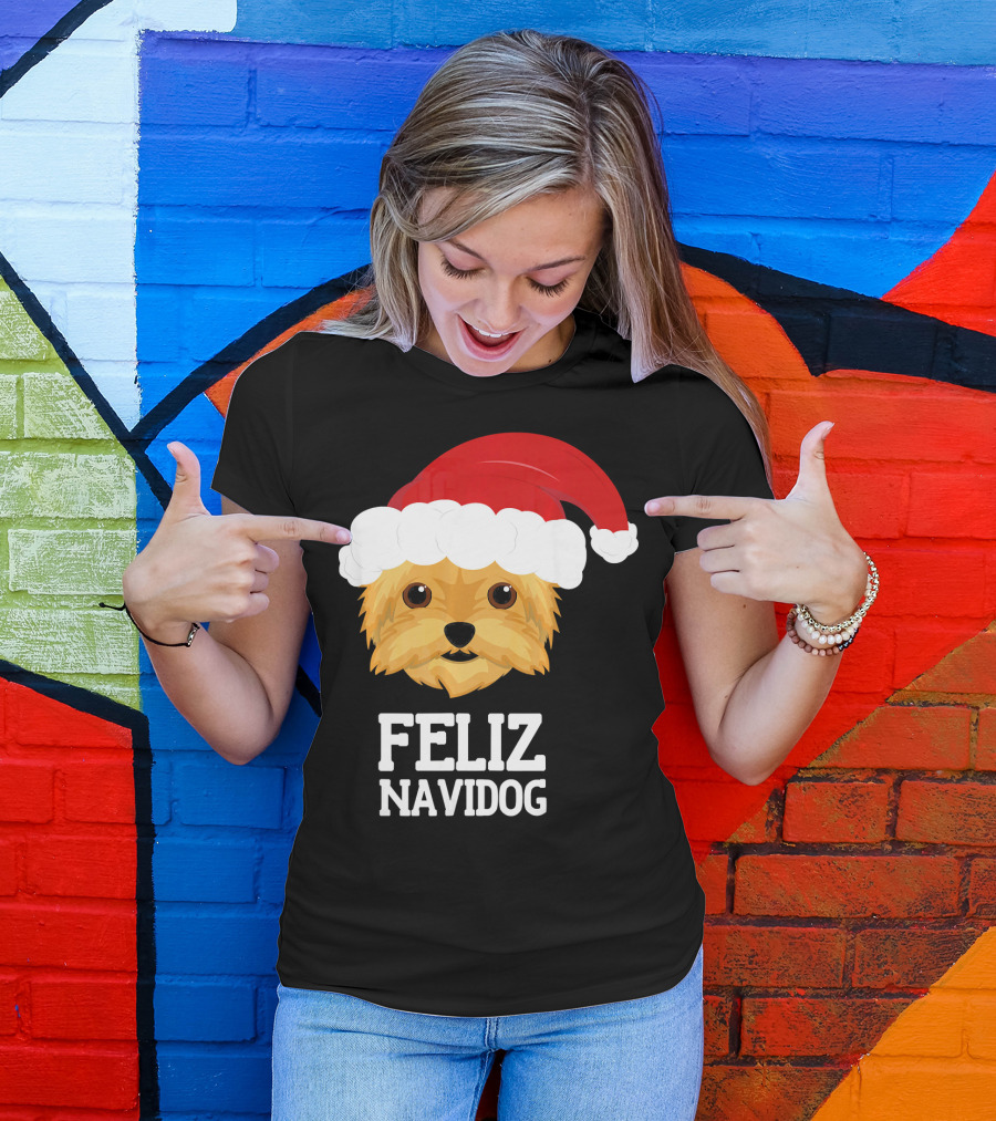 Feliz Navidog Merry Christmas Yorksh Dog Santa Hat T-Shirt