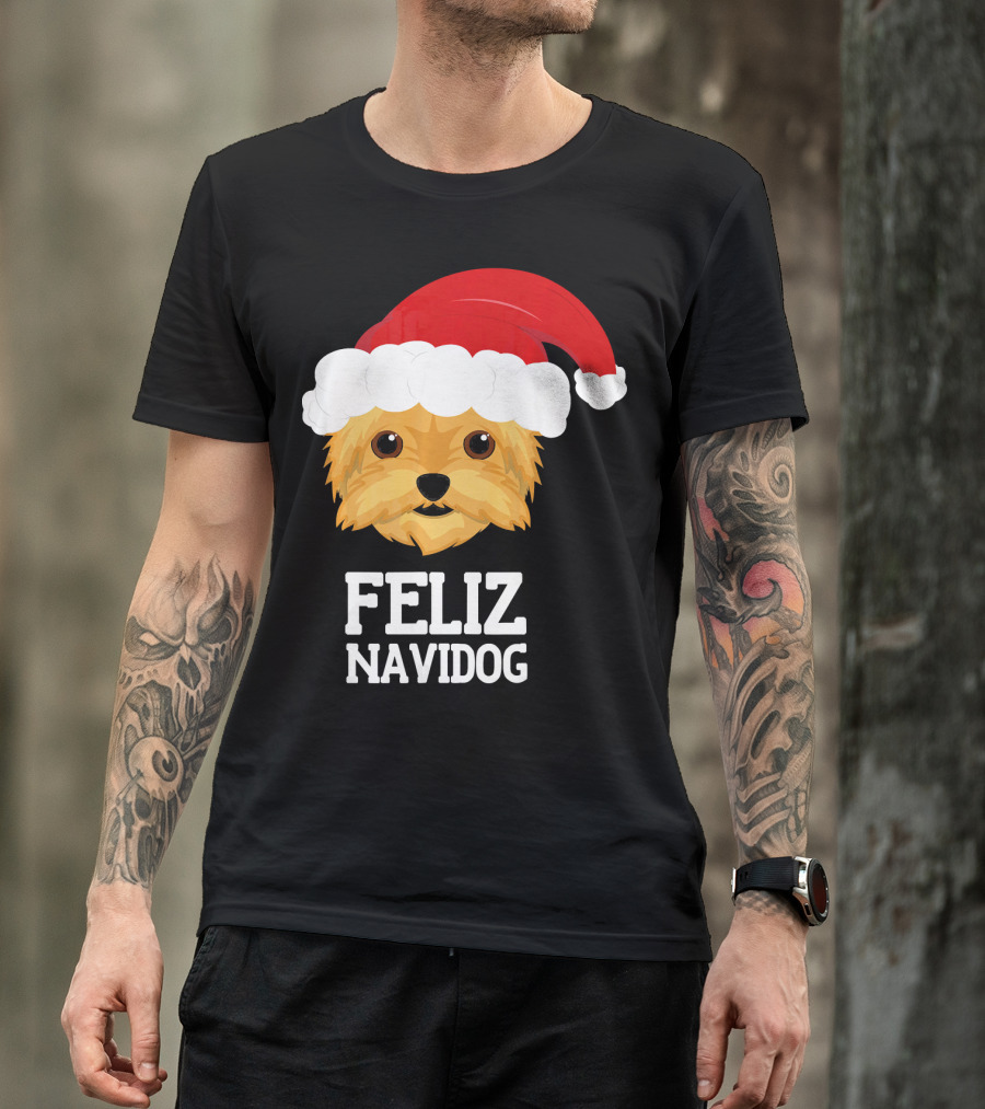 Feliz Navidog Merry Christmas Yorksh Dog Santa Hat T-Shirt