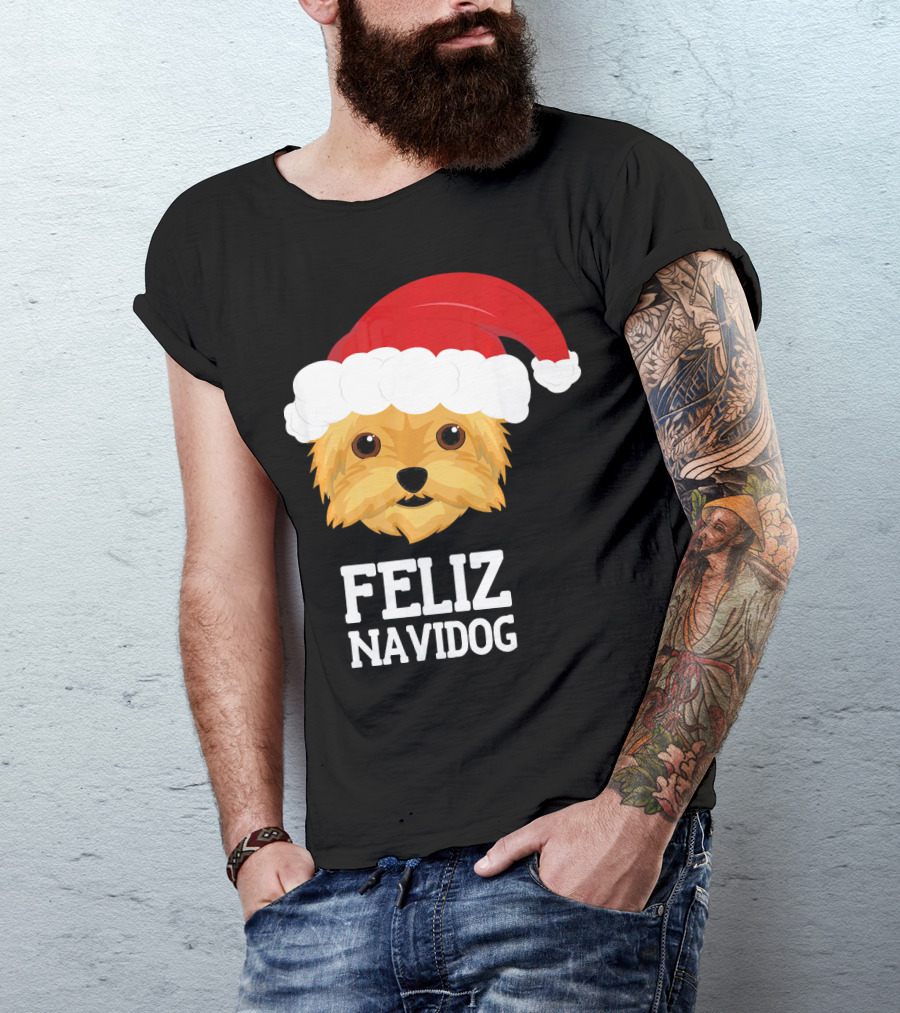 Feliz Navidog Merry Christmas Yorksh Dog Santa Hat T-Shirt